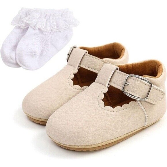 Baby Girl Princess Mary Jane Style Size 0-6 Months With Socks New Beige/tan - Picture 1 of 3